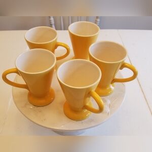 Set of 5 Made in Romania Yellow Glazed Mugs Coffee Tea  Cups Conical Feet Retro